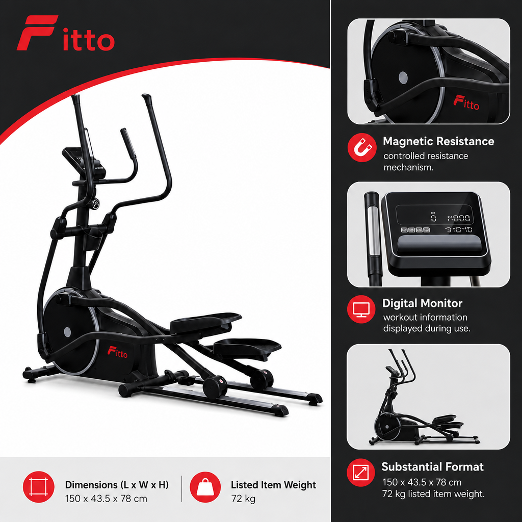 48 Pieces Elliptical Trainers with Magnetic Resistance, Digital Monitor and Heavy-Duty Frame, Black, 150 x 43.5 x 78 cm