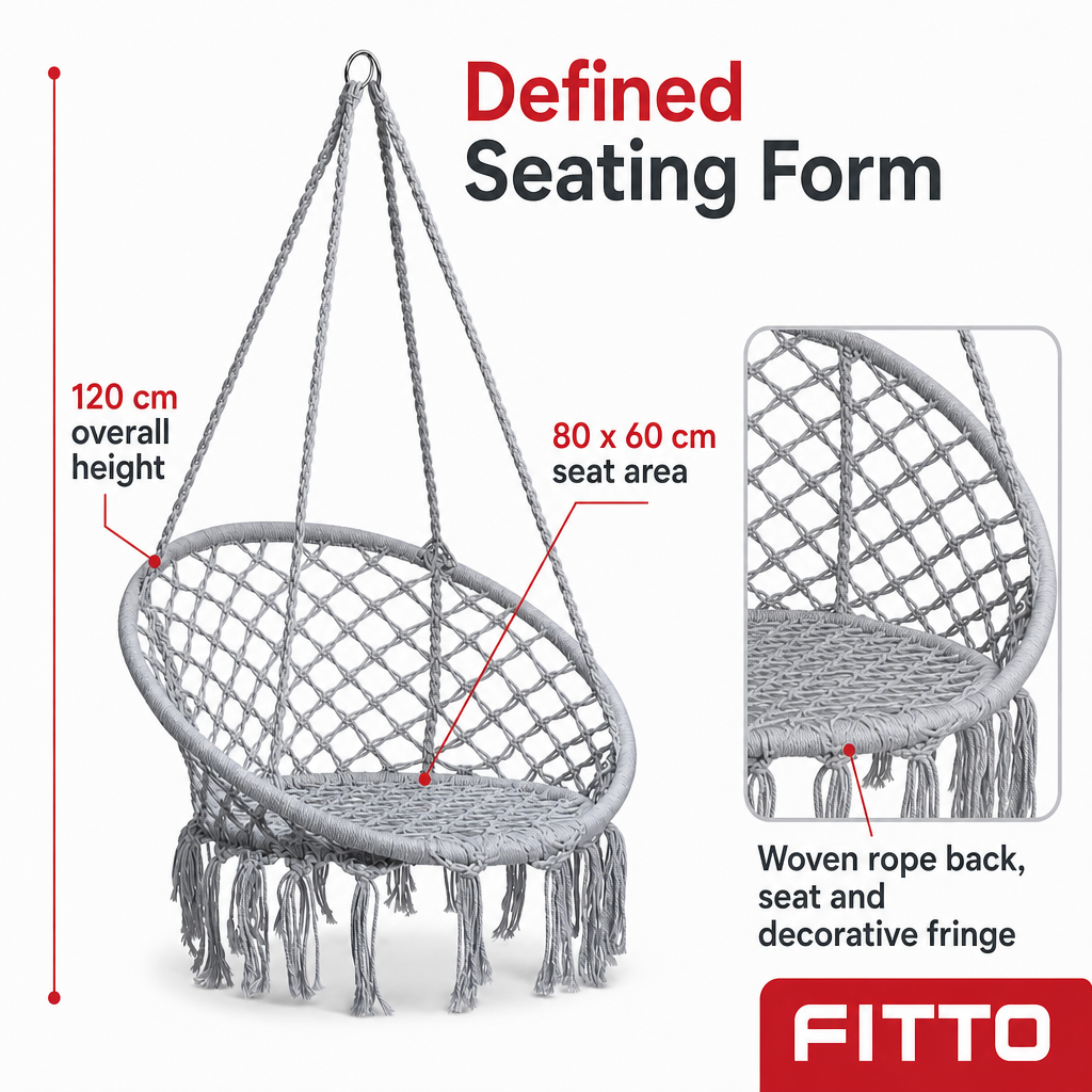 48 Pieces Grey Macramé Hanging Rope Swing Chair, 80 x 60 cm Seat, 120 cm Overall Height, 1 Unit