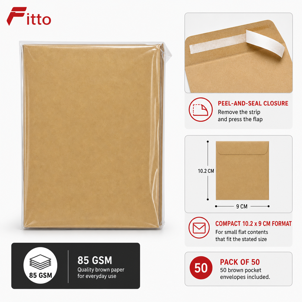 240 Pieces Pocket Peel-and-Seal Envelopes, Brown Kraft Style, 10.2 x 9 cm, 85 gsm, Pack of 50
