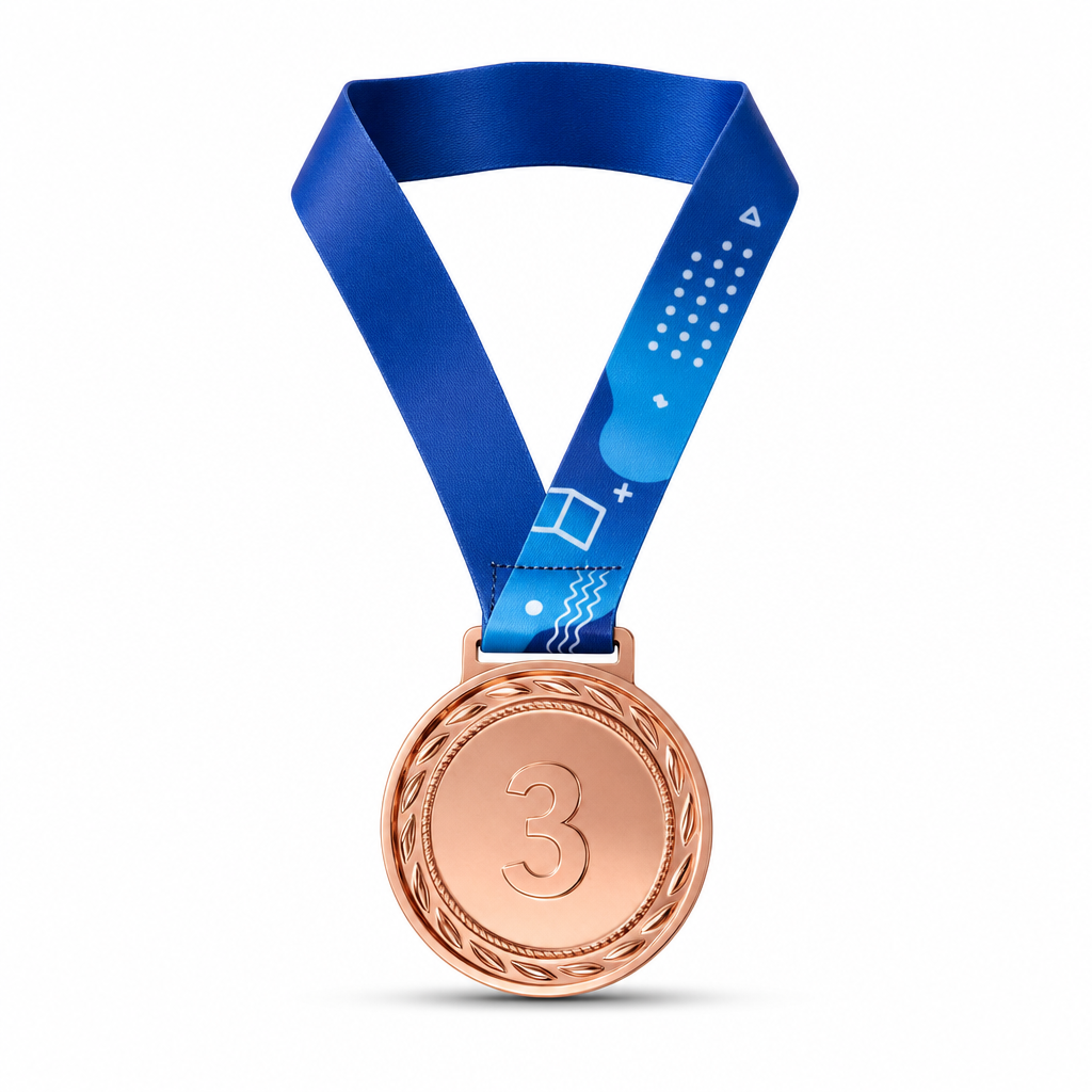 144 Pieces 3rd Place Award Medal with Blue Ribbon, Bronze Finish, Single Medal