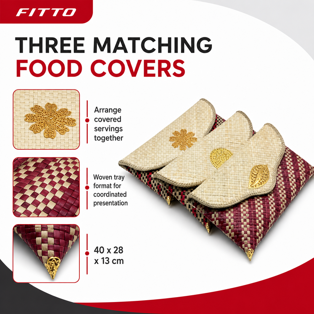 72 Pieces Woven Palm Leaf Serving Trays with 3 Food Covers, Natural Beige and Burgundy Pattern, 40 x 28 x 13 cm
