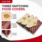 72 Pieces Woven Palm Leaf Serving Trays with 3 Food Covers, Natural Beige and Burgundy Pattern, 40 x 28 x 13 cm