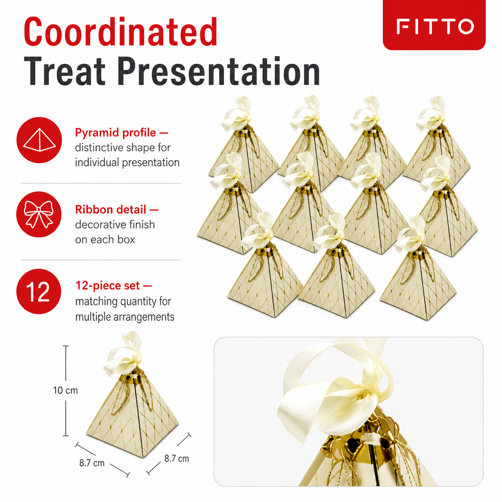 96 Pieces Beige Paper Candy Favor Boxes with Ribbon, Pyramid Shape, 8.7 x 8.7 x 10 cm, 12 Pieces