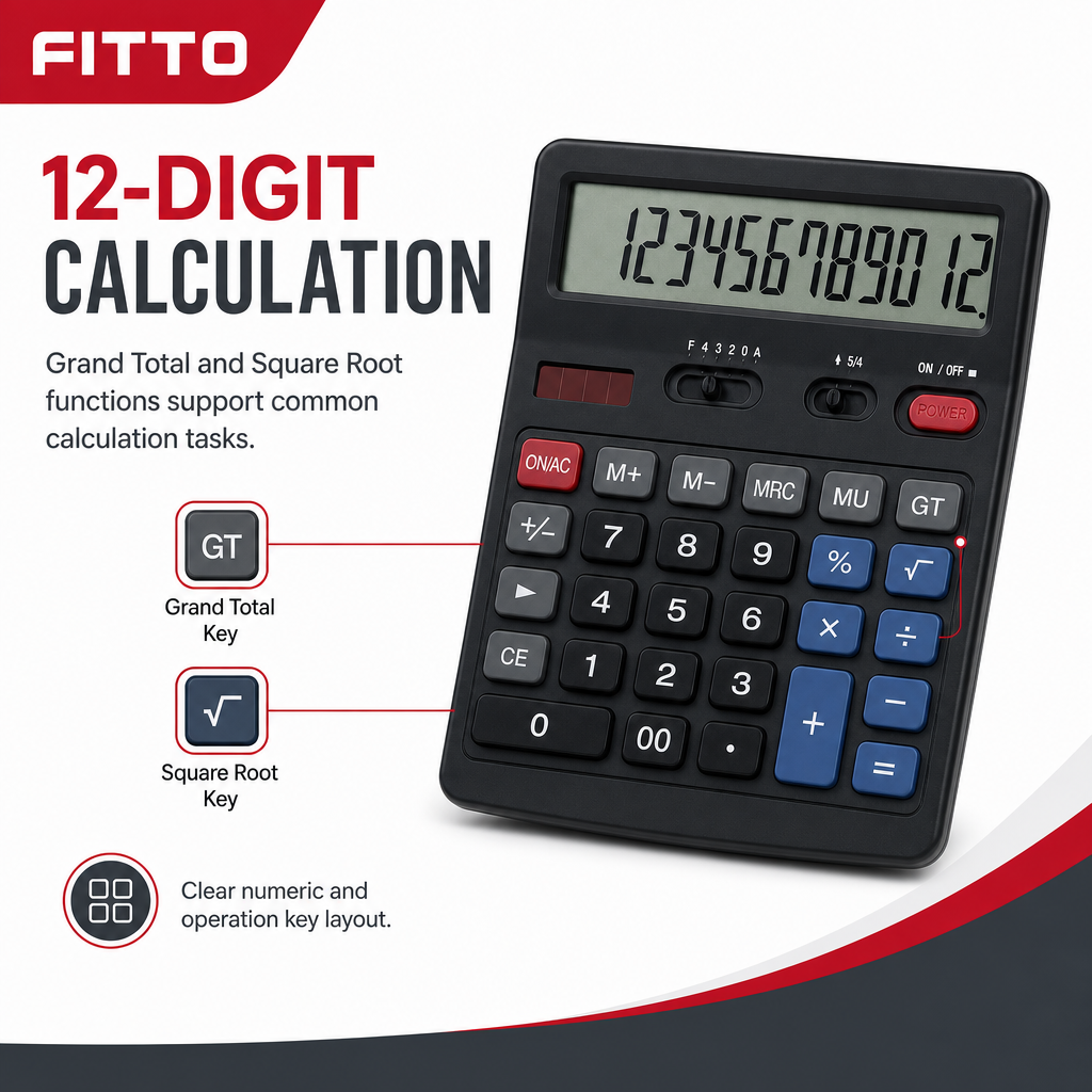 72 Pieces Black 12-Digit Electronic Calculators with Grand Total and Square Root Functions, 1 Piece