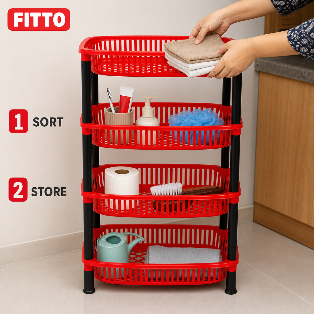 72 Pieces 4-Tier Plastic Storage Basket Rack, Red and Black, 1 Unit