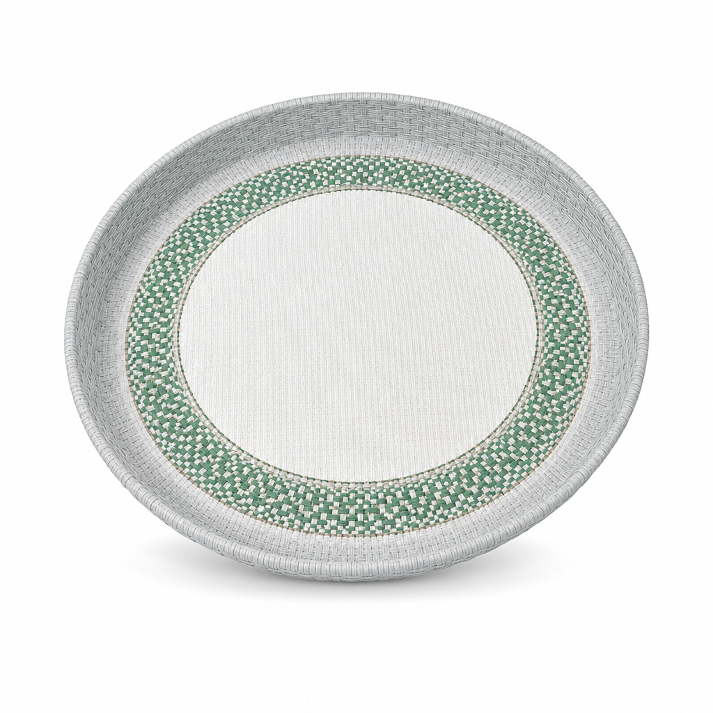 72 Pieces Round Woven Serving Trays, 55 cm, 4 cm Deep, Green and Grey Design