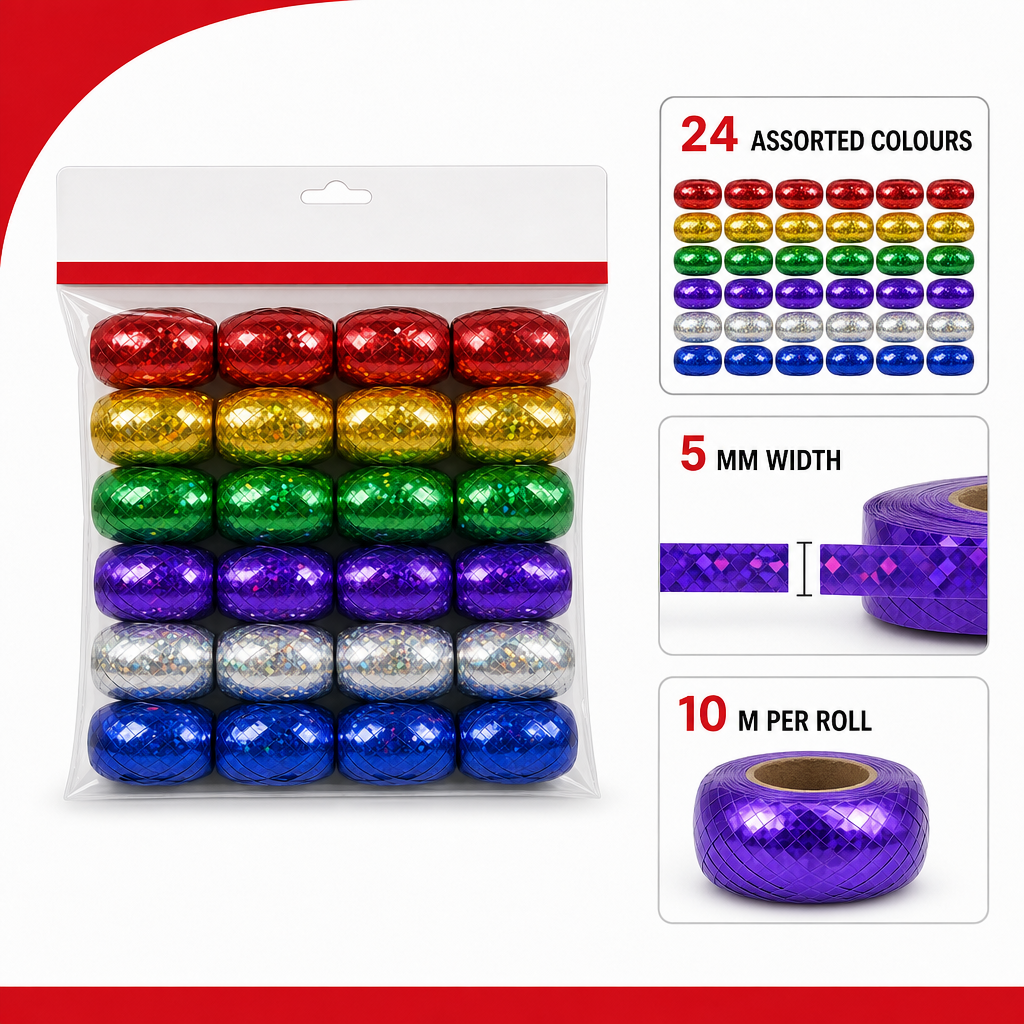 96 Pieces Assorted Colour Laser Ribbon Rolls, 5 mm x 10 m, 24 Rolls for Crafting and Decoration