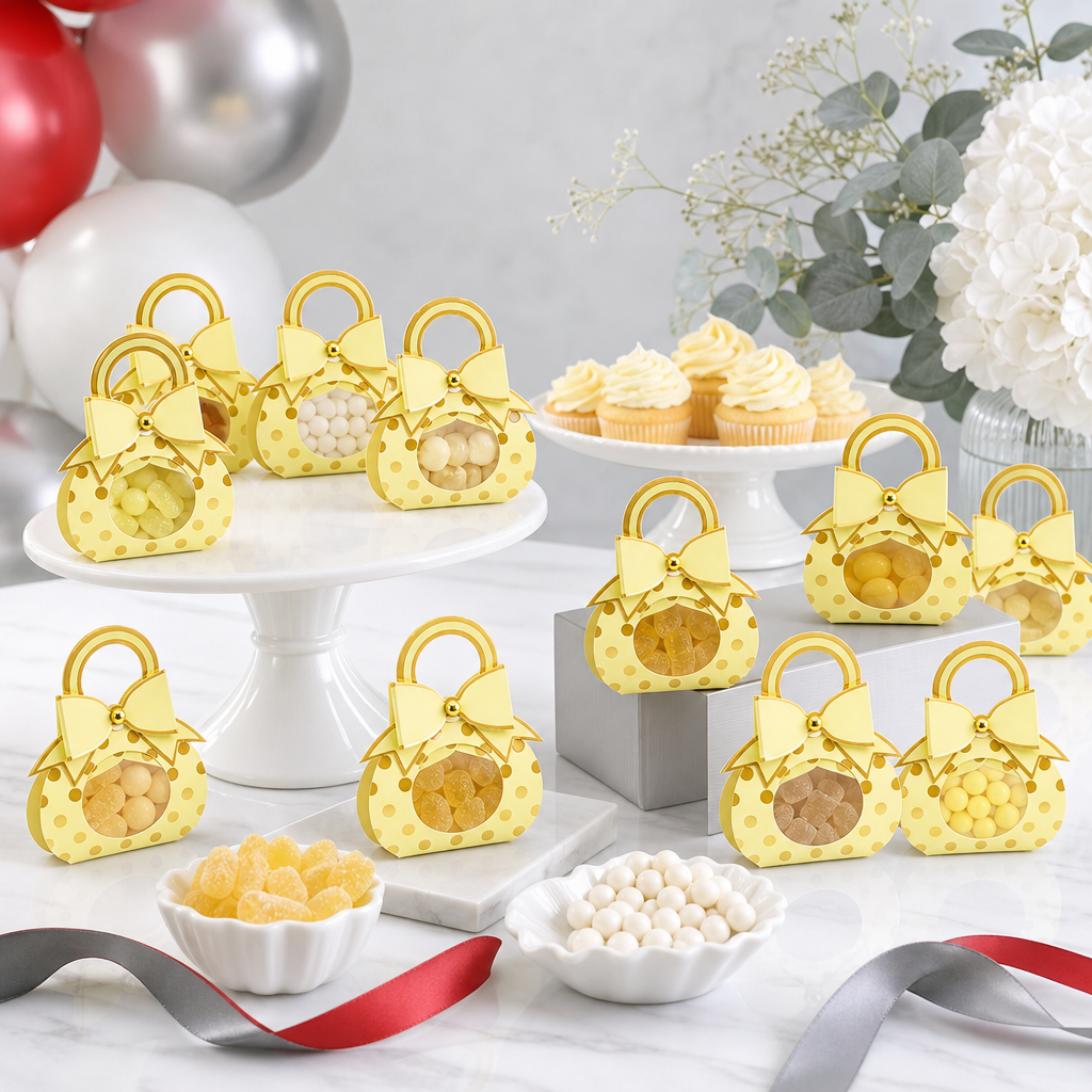 96 Pieces Yellow Handbag-Shaped Candy Favor Boxes with Bow, 9.5 x 4.3 x 13.2 cm, 12 Pieces