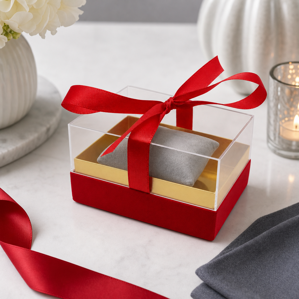 96 Pieces Red Rectangular Acrylic Presentation Box with Ribbon, 14.5 x 9.5 x 8 cm, 1 Piece