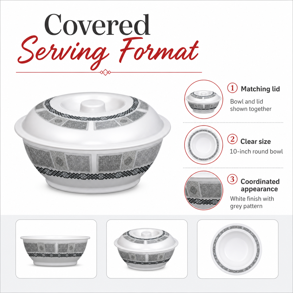 96 Pieces Melamine Bowl with Lid, Round Tablewares Serving Bowl, 10 Inch, White with Grey Pattern