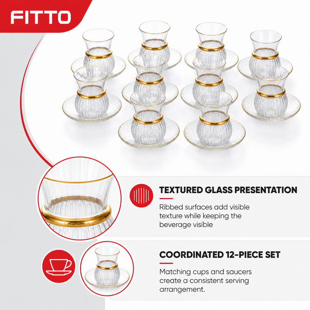 60 Pieces Ribbed Glass Tea Cup and Saucer Set with Gold Rim, Clear, 12 Pieces