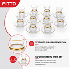 60 Pieces Ribbed Glass Tea Cup and Saucer Set with Gold Rim, Clear, 12 Pieces