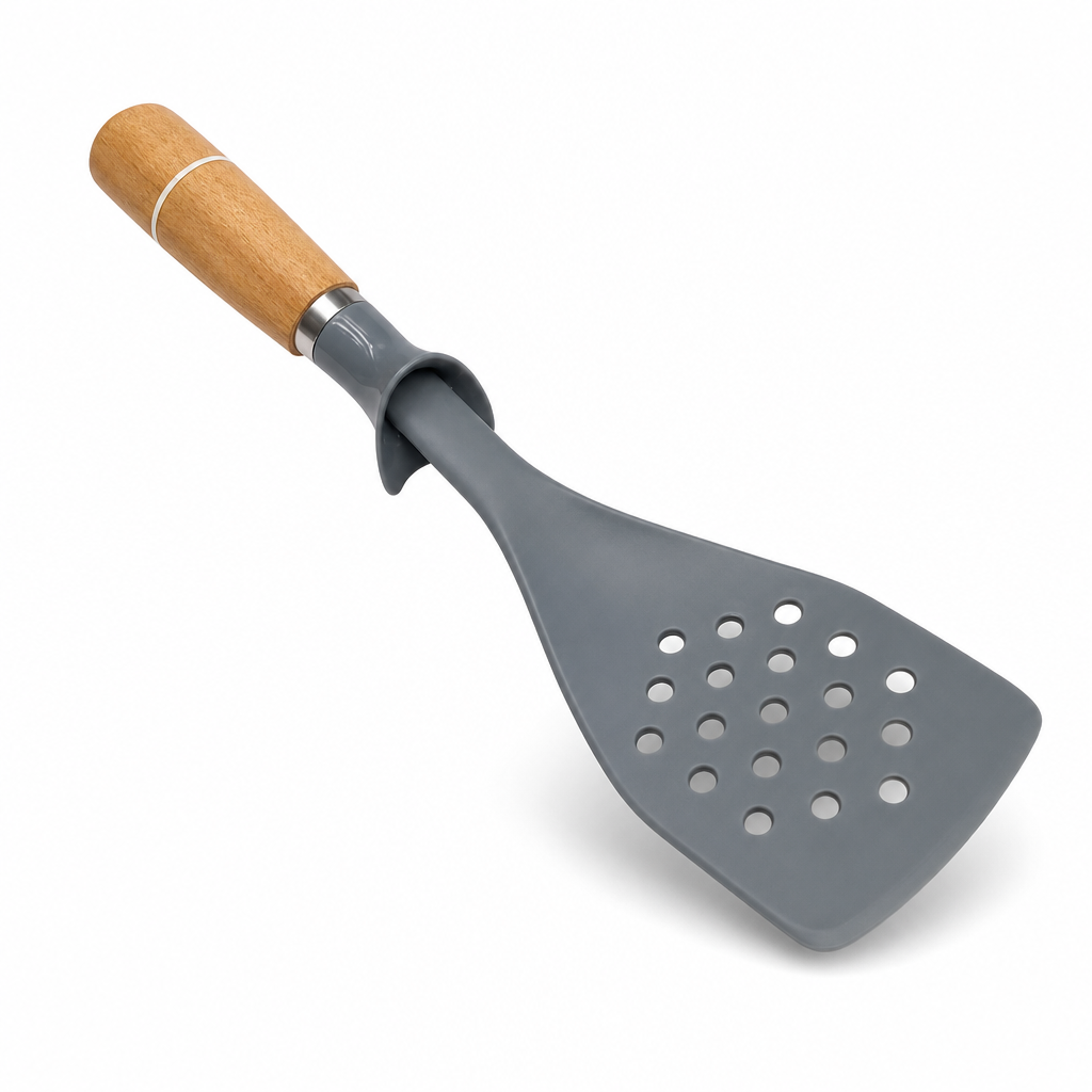 96 Pieces Self-Standing Slotted Turner with Wooden Handle, 32 cm, Grey