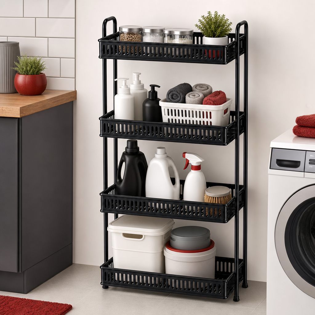 60 Pieces Four-Tier Metal Storage Rack with Ventilated Basket Shelves, Black