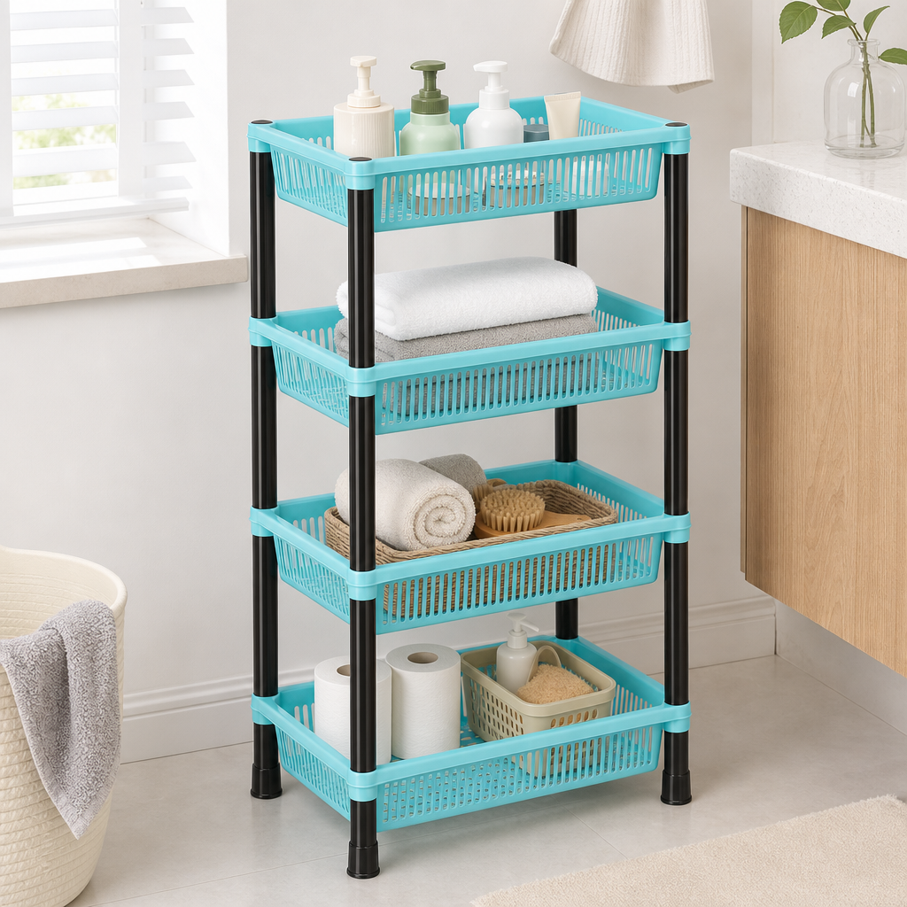 72 Pieces 4-Tier Plastic Storage Basket Rack, Aqua Blue, 40 x 30 x 22 cm
