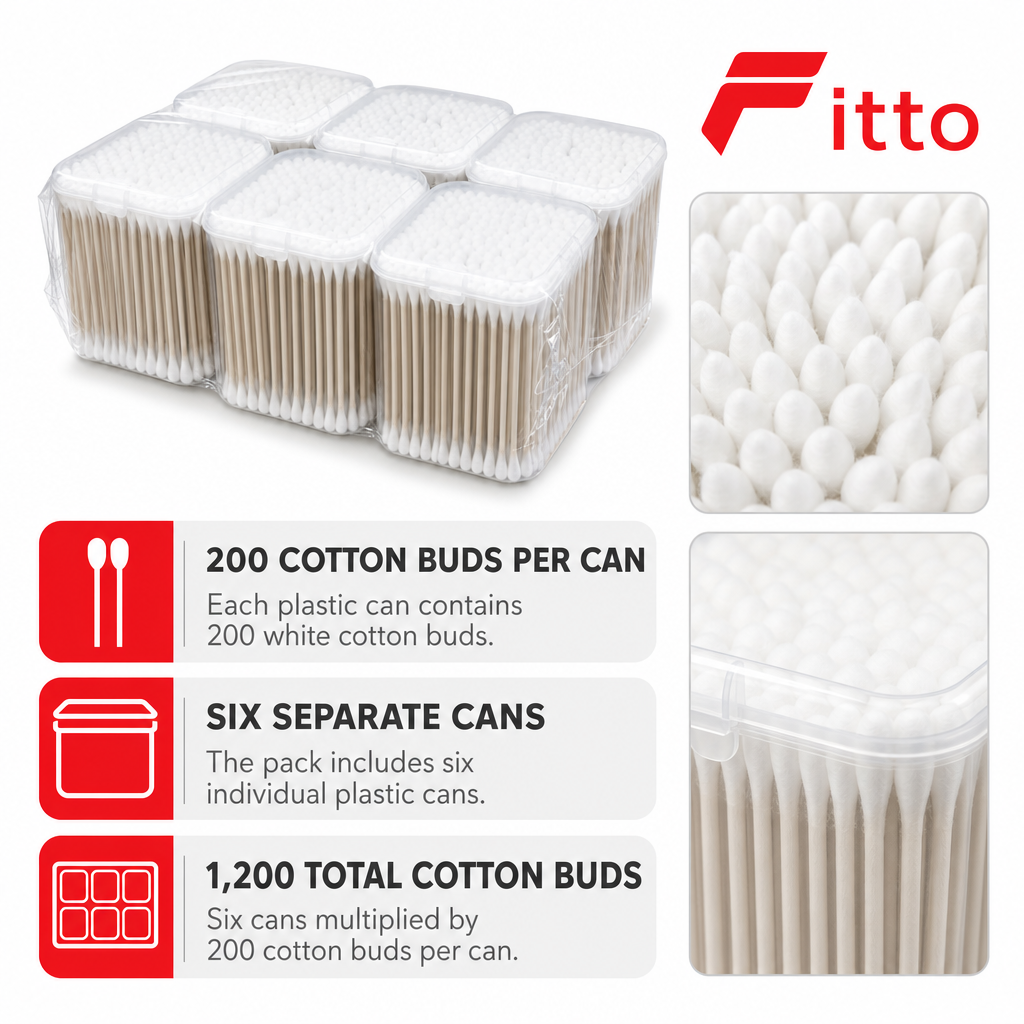96 Pieces Cotton Buds, White Cotton Swabs in Plastic Cans, 200 Pieces per Can, 6-Pack