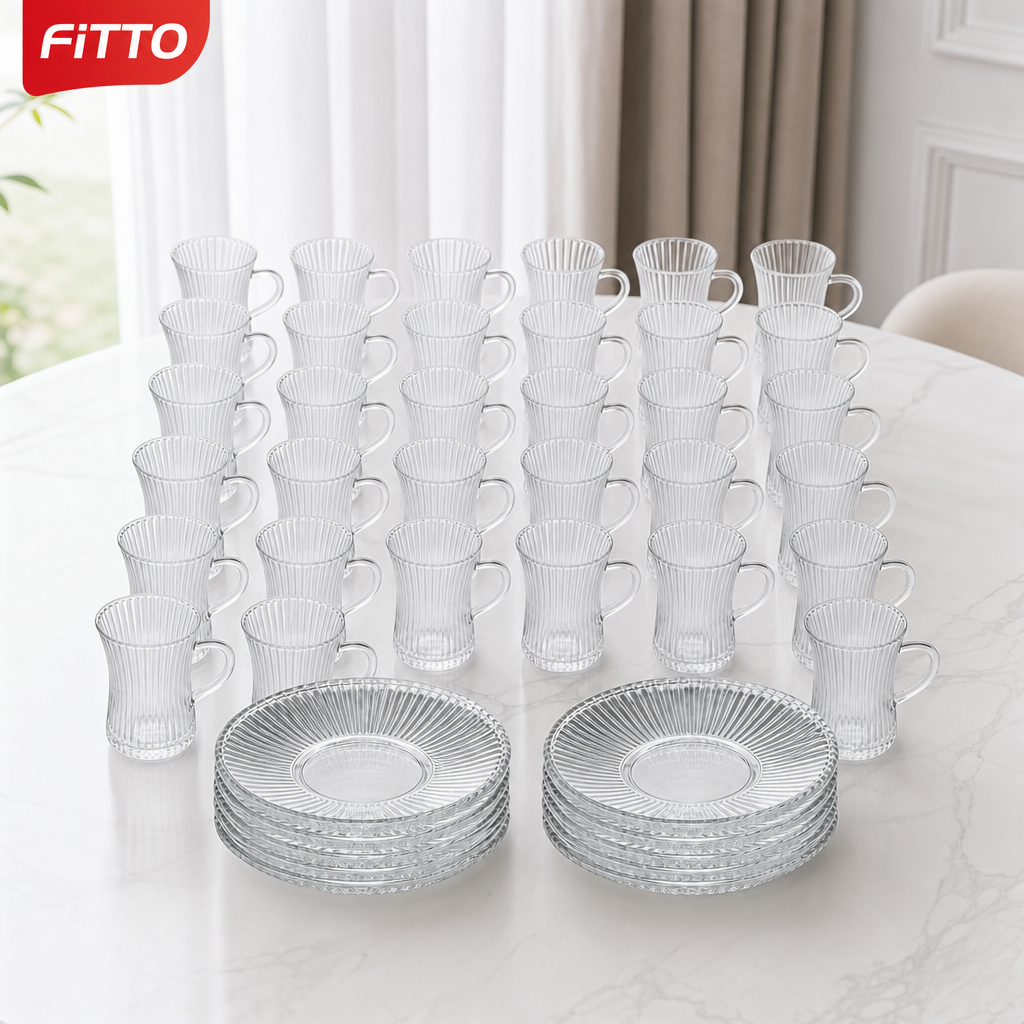48 Pieces Ribbed Clear Glass Tea Cup and Saucer Set, 36 Pieces