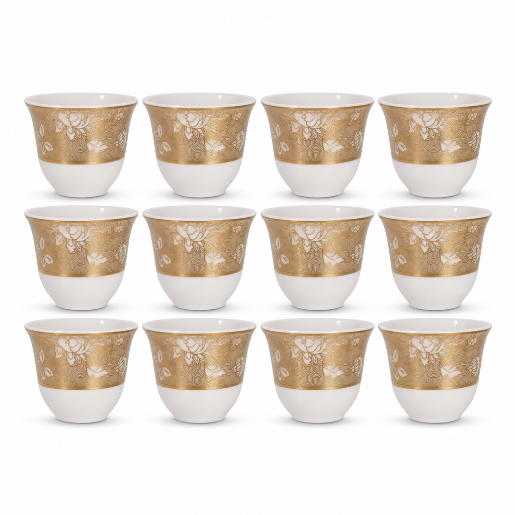 96 Pieces Ceramic Tea Cup Set, White and Gold Floral Design, 12 Pieces