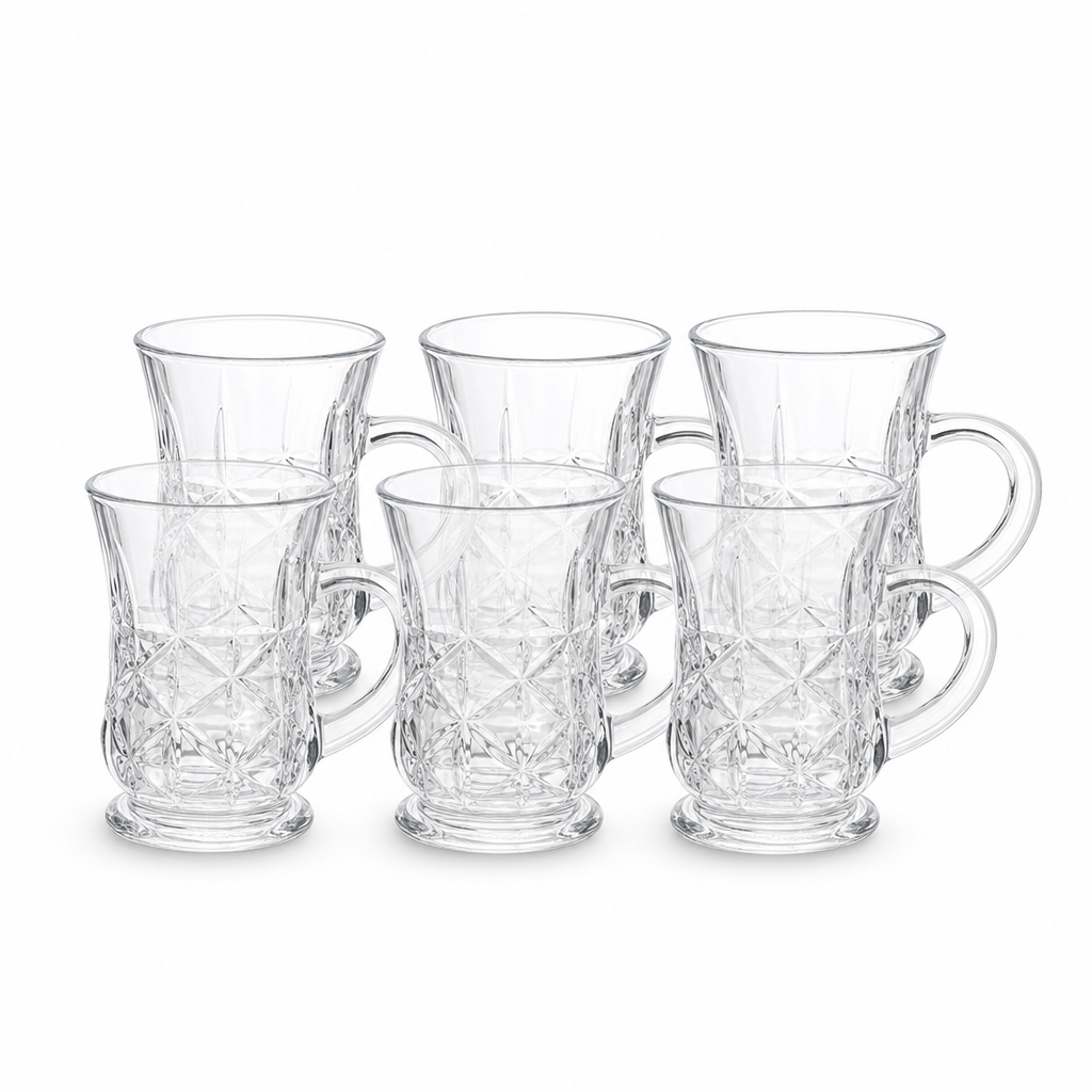 96 Pieces Embossed Clear Glass Mugs with Handles, 6-Piece Set for Tea, Coffee and Everyday Serving