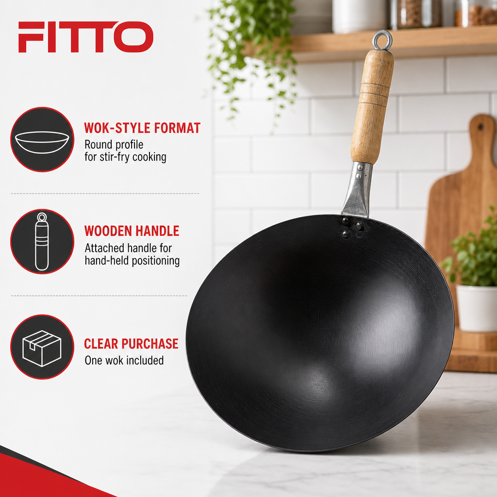 72 Pieces Carbon Steel Wok with Wooden Handle, Black, 1 Piece