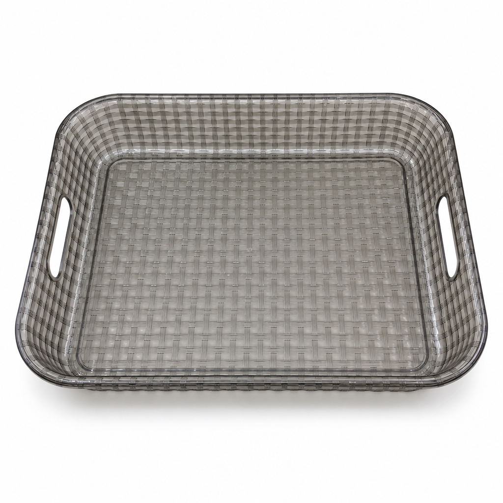96 Pieces Rectangular Storage Basket, Smoky Grey Plastic Woven Design with Built-In Handles, 45 x 35 x 11 cm