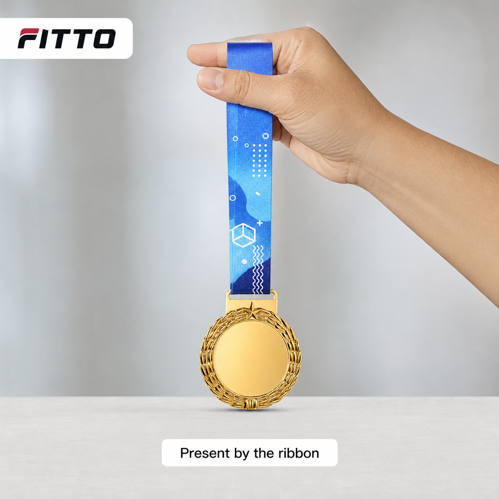 144 Pieces Sports Medal with Blue Ribbon, Gold Ribbed Edge Award Medal, 10 x 8 cm