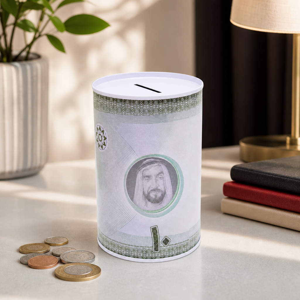 240 Pieces Coin Saving Box, Round Metal Money Bank with Slotted Lid, Currency-Inspired Design, 8 × 12.5 cm
