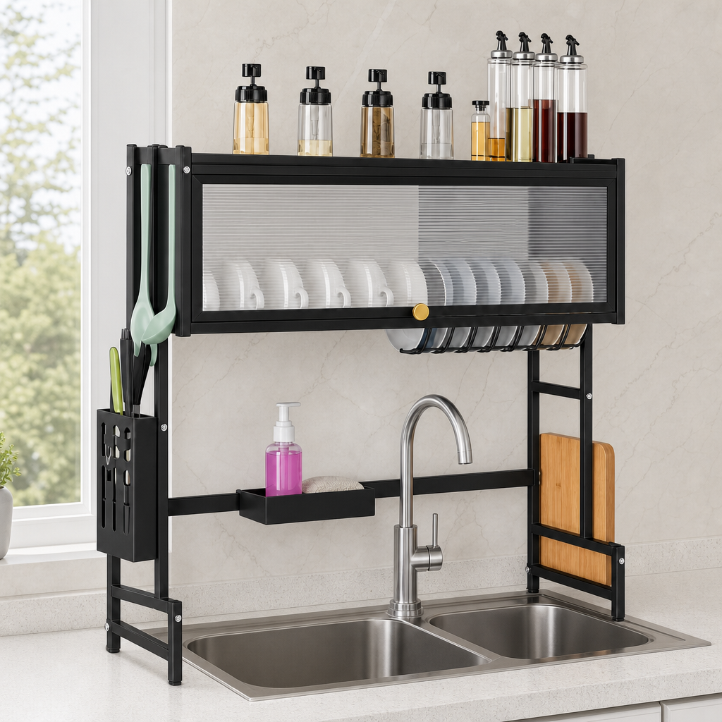 48 Pieces Over-the-Sink Dish Drying Rack with Cup, Plate and Utensil Holders, Black, 85 × 25 × 90.5 cm