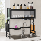 48 Pieces Over-the-Sink Dish Drying Rack with Cup, Plate and Utensil Holders, Black, 85 × 25 × 90.5 cm