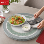 60 Pieces Round Woven Serving Trays, 60 cm, Soft Grey and Muted Green Design