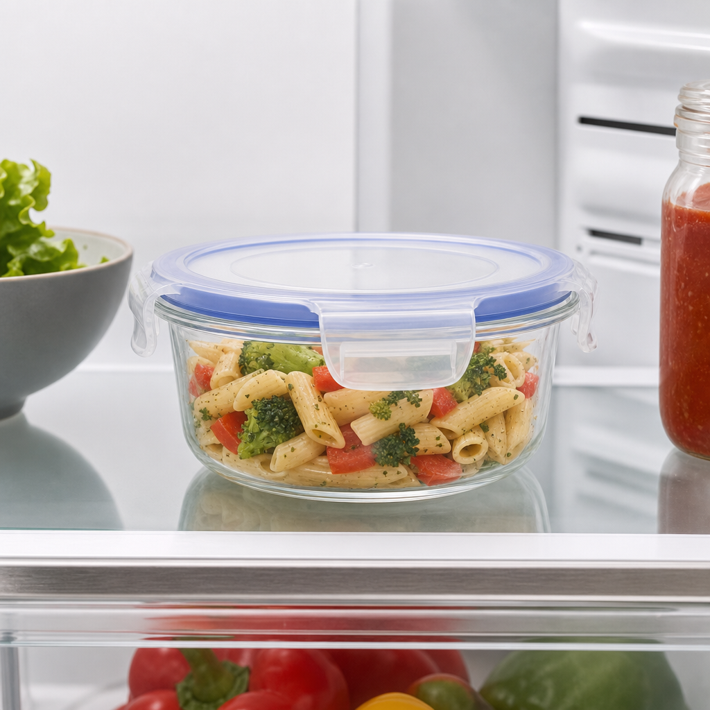96 Pieces Round Glass Food Storage Containers with Locking PP Lid, 600 ml, Clear Body with Blue Rim