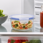 96 Pieces Round Glass Food Storage Containers with Locking PP Lid, 600 ml, Clear Body with Blue Rim