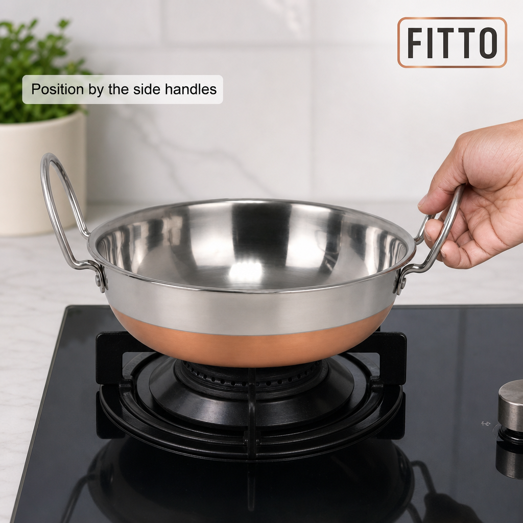 72 Pieces Stainless Steel Deep Frying Kadai with Copper Bottom, 23 cm
