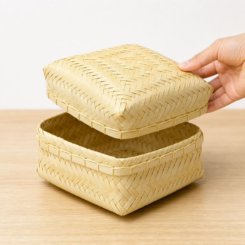 96 Pieces Woven Palm Leaf Storage Box with Lid, Natural Finish, 20 x 20 x 11 cm