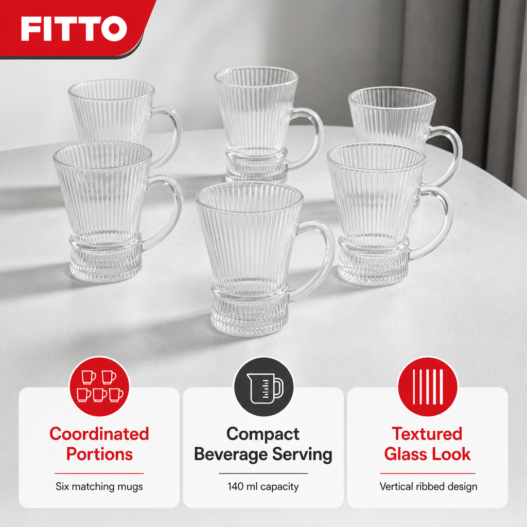96 Pieces Ribbed Glass Mug Set, 140 ml Clear Small Tea Cups, 6 Pieces