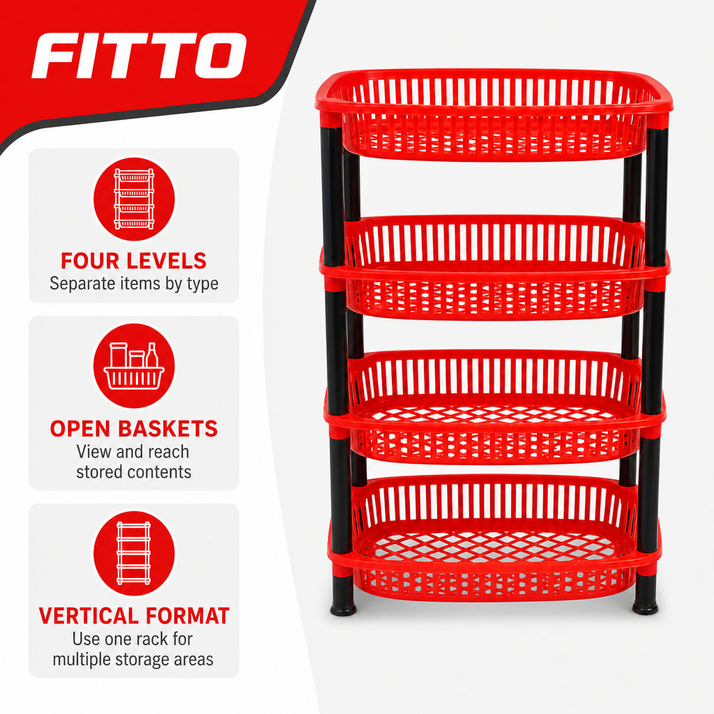 72 Pieces 4-Tier Plastic Storage Basket Rack, Red and Black, 1 Unit