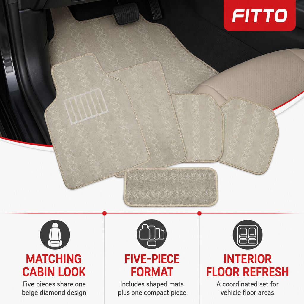 72 Pieces Universal Car Floor Mat Set with Diamond Design, Beige, 5-Piece