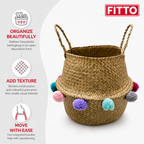 72 Pieces Woven Seagrass Basket with Pom Pom Trim, Natural Decorative Storage Basket with Handles, 35 x 35 x 32 cm