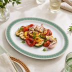 96 Pieces Melamine Wavy Oval Serving Plate, 17 Inch, White with Green and Yellow Pattern