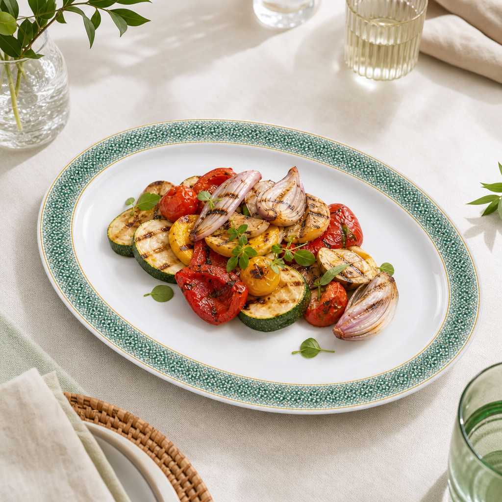 96 Pieces Melamine Wavy Oval Serving Plate, 17 Inch, White with Green and Yellow Pattern