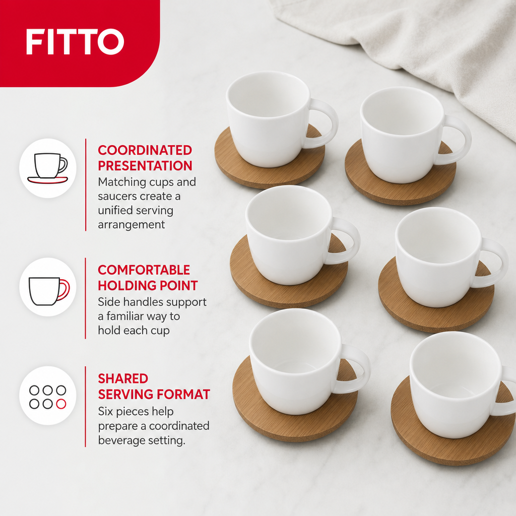 60 Pieces Ceramic Tea and Coffee Cups with Side Handles and Wooden Saucers, White and Natural Wood, 6 Pieces