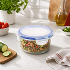 96 Pieces Round Glass Food Container with PP Locking Lid, 950 ml, Clear with Blue Lid