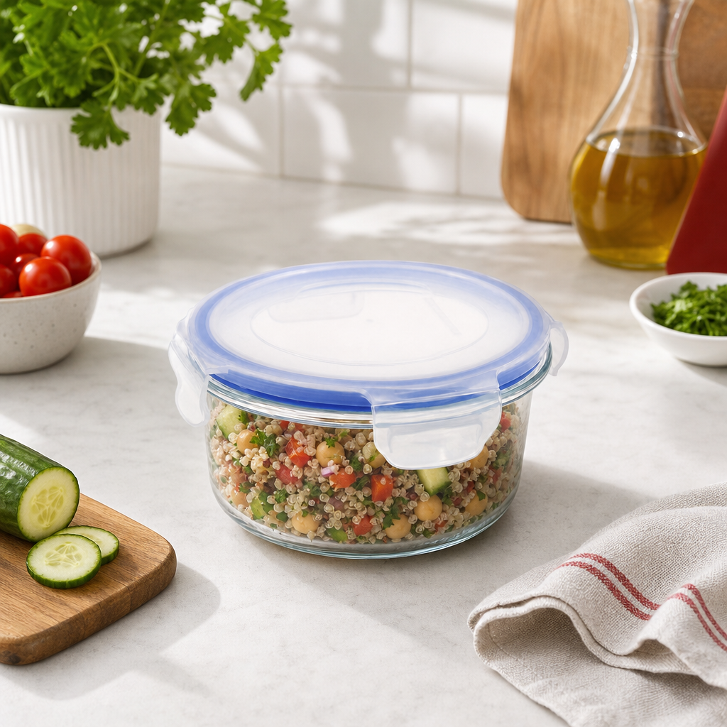 96 Pieces Round Glass Food Container with PP Locking Lid, 950 ml, Clear with Blue Lid