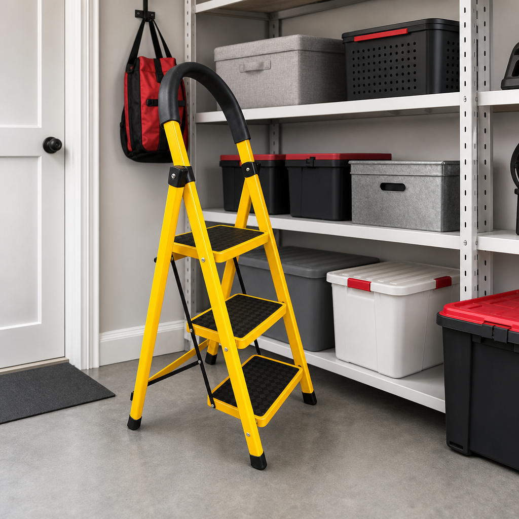 48 Pieces Folding Step Ladders, 3-Step Metal Household Ladder, Yellow, 110 x 42 cm, 1 Piece