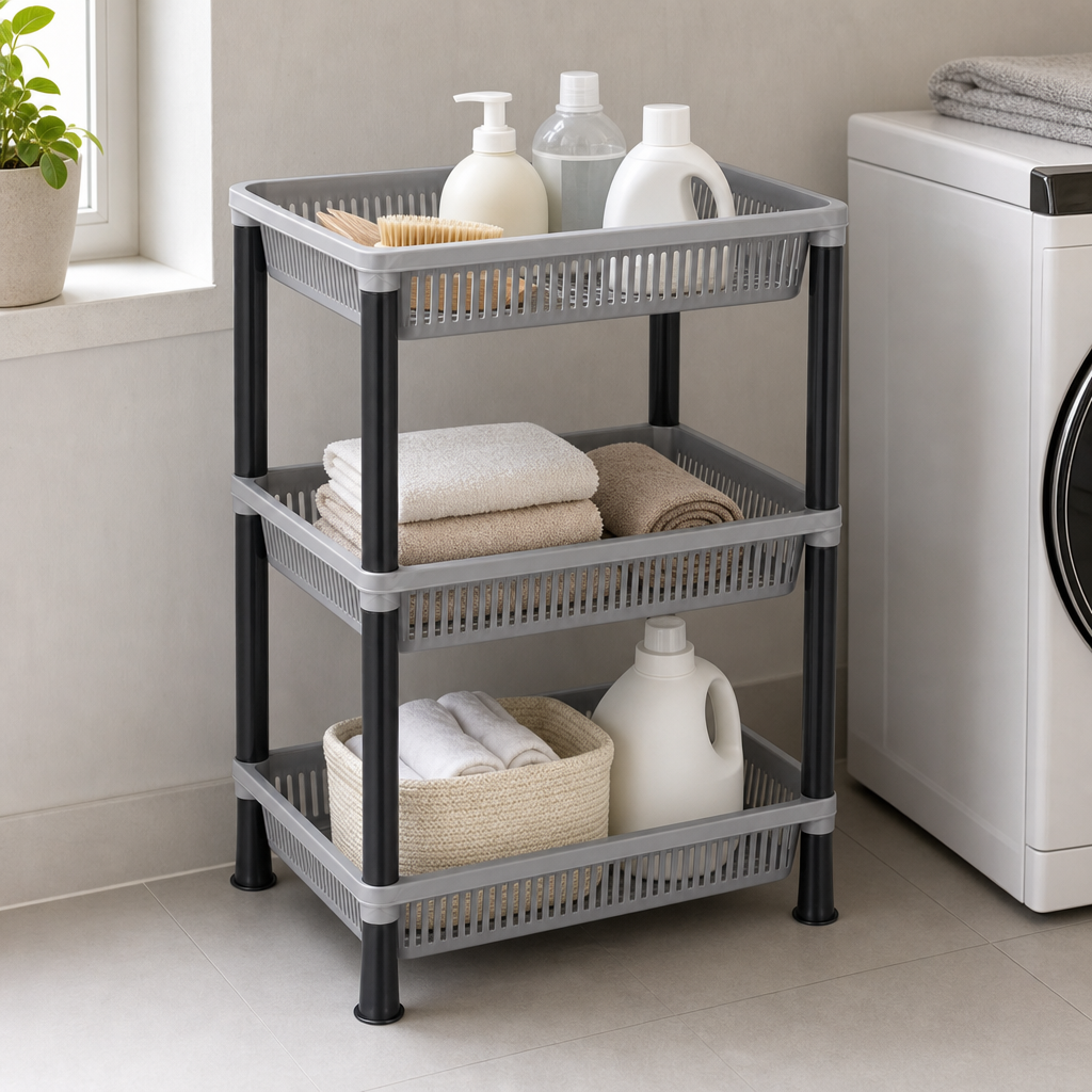 72 Pieces 3-Tier Plastic Storage Basket Rack, Grey and Black, 50 x 35 x 18 cm, 1 Unit