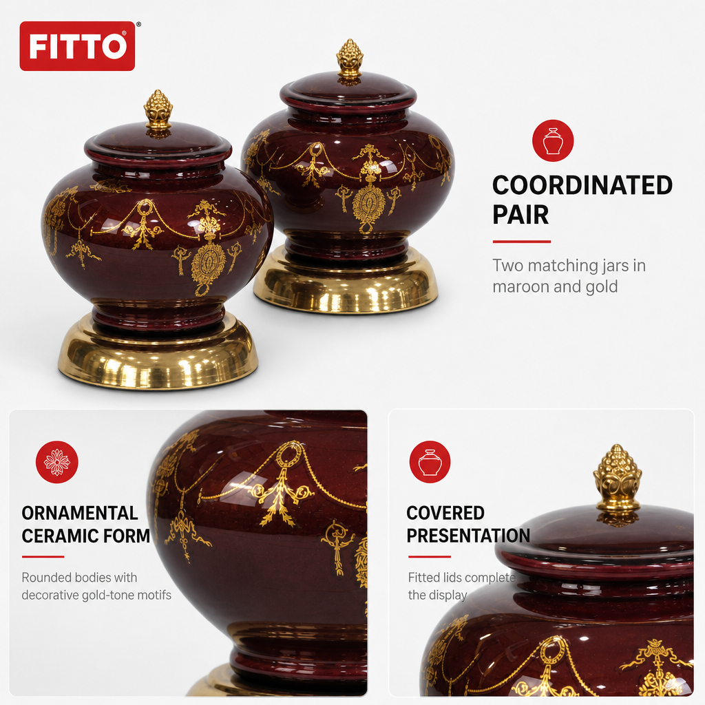 48 Pieces Decorative Ceramic Storage Jar Set, Maroon and Gold, 2 Pieces