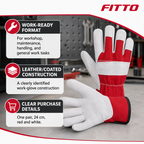 48 Pieces Leather/Coated Work Gloves, 24 cm, Red and White, 1 Pair