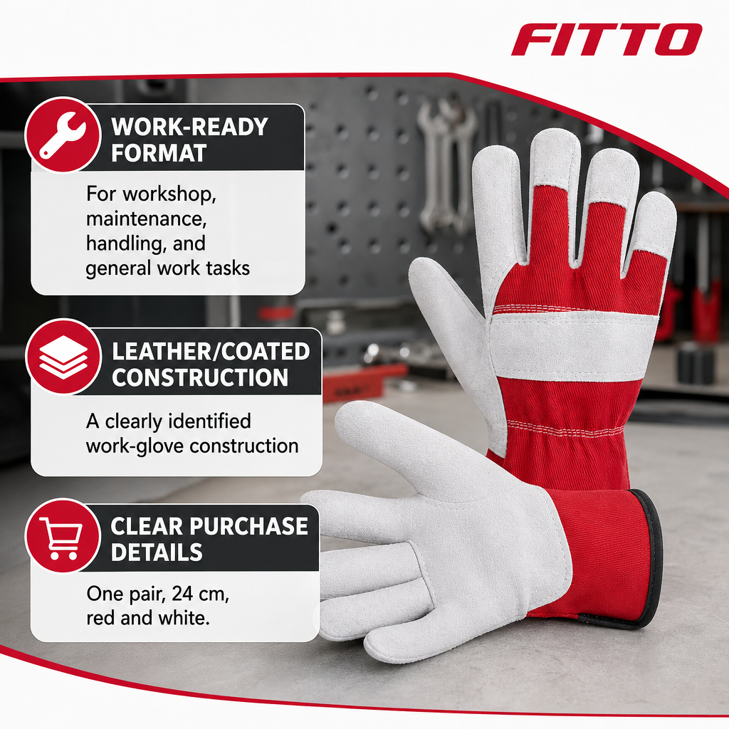 48 Pieces Leather/Coated Work Gloves, 24 cm, Red and White, 1 Pair