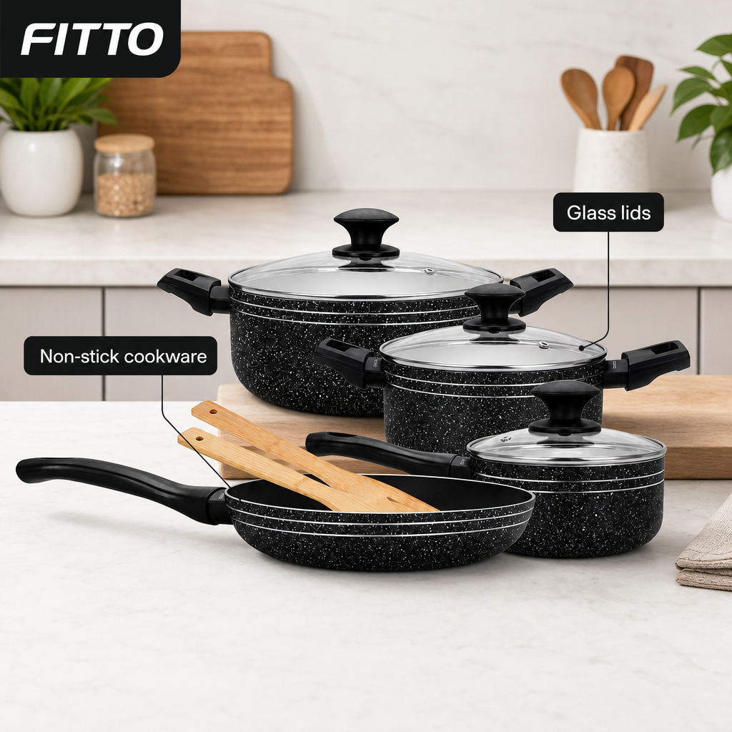 48 Pieces 7-Piece Non-Stick Cookwares Set with Glass Lids, Black Pots and Pan Set for Home Cooking
