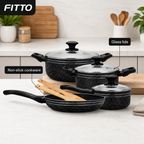 48 Pieces 7-Piece Non-Stick Cookwares Set with Glass Lids, Black Pots and Pan Set for Home Cooking